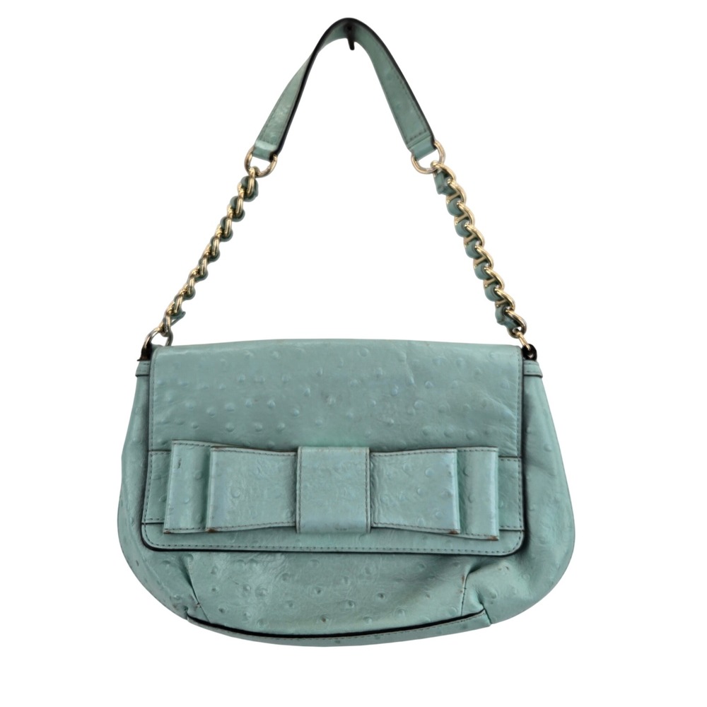 Kate Spade Joleen Ostrich Embossed Leather Bow Shoulder Bag Robin Egg Blue Prep